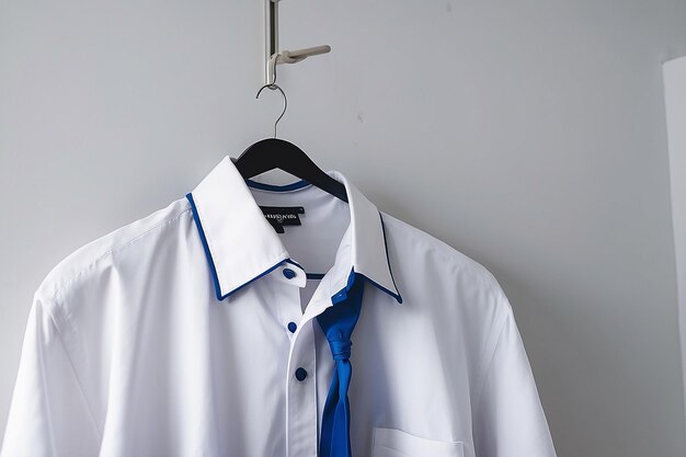 Una camisa blanca con un cuello azul cuelga de una percha en una habitación