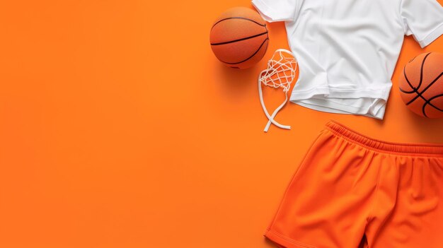 Camisa blanca y pantalones cortos naranjas con bolas de baloncesto en un fondo naranja