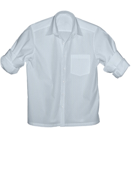 Una camisa blanca con una raya azul cuelga sobre un fondo blanco.