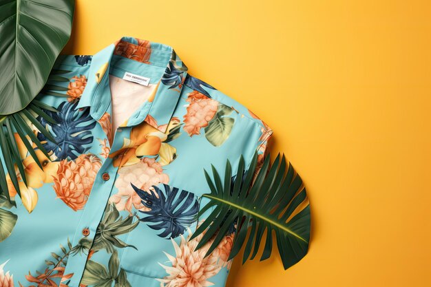 Camisa com padrão tropical em fundo amarelo com espaço vazio para texto Conceito de viagem ou recreação Fundo de verão generativo ai