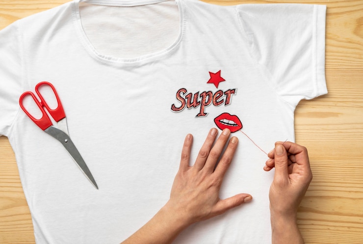 Foto camisa de coser a mano de primer plano