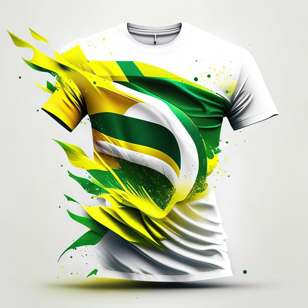 Foto camisa de branco, verde e amarelo.