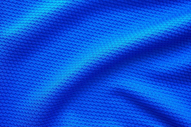 Camisa de futebol azul, textura de tecido, tecido, desgaste, fundo, vista de cima