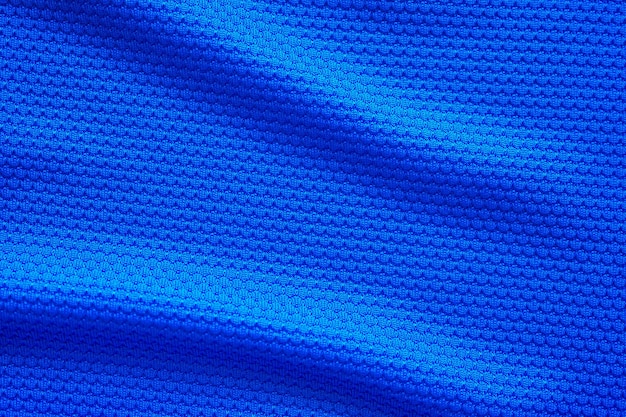 Camisa de futebol azul, textura de tecido, tecido, desgaste, fundo, vista de cima