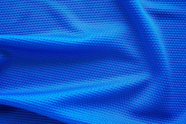 Camisa de futebol azul, textura de tecido, tecido, desgaste, fundo, vista de cima