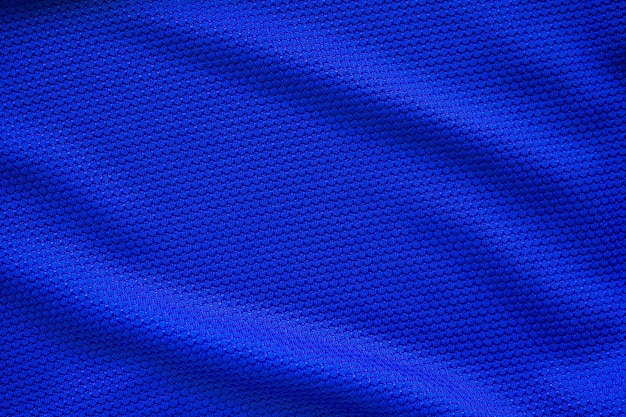 Camisa de futebol azul, textura de tecido, tecido, esporte, fundo, vista superior fechada