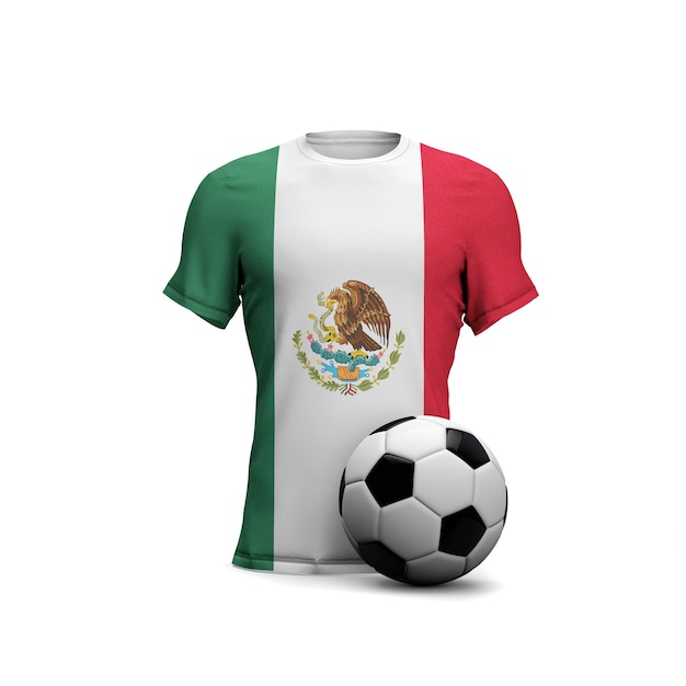 Camisa de futebol do México com renderização em 3D da bandeira nacional e bola de futebol