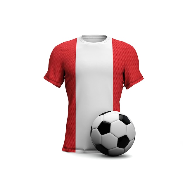 Camisa de futebol do Peru com renderização em 3D da bandeira nacional e da bola de futebol