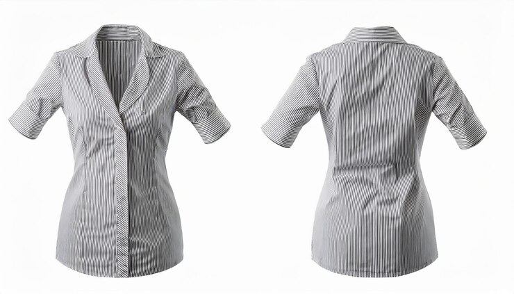 Foto camisa de mangas curtas listradas vista dianteira e traseira isolada em fundo branco