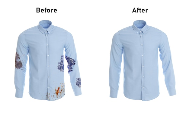 Camisa elegante antes y después del lavado en collage de fondo blanco Servicio de limpieza en seco