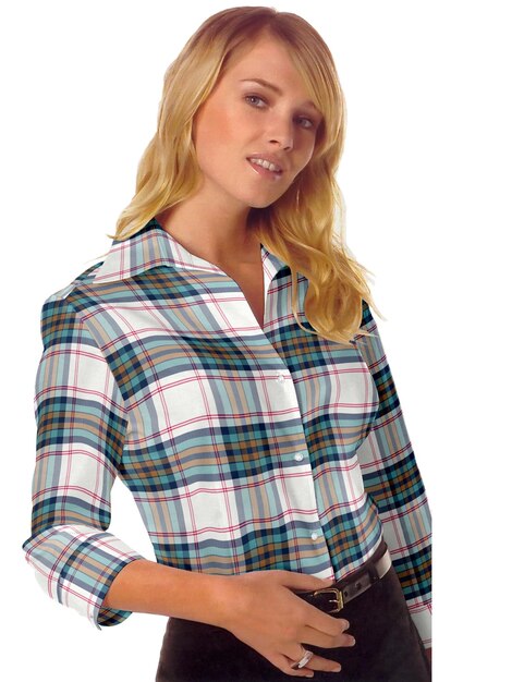 Camisa feminina xadrez branca brilhante com camisa de algodão premium azul-petróleo