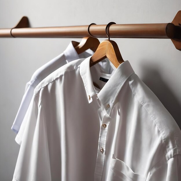 Camisa de manga corta en colgante de tela con pared blanca en el fondo