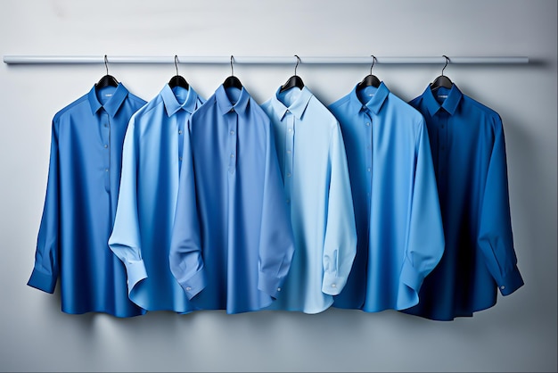 Foto camisa masculina pendurada no guarda-roupa vestuário de algodão azul no gancho generative ai