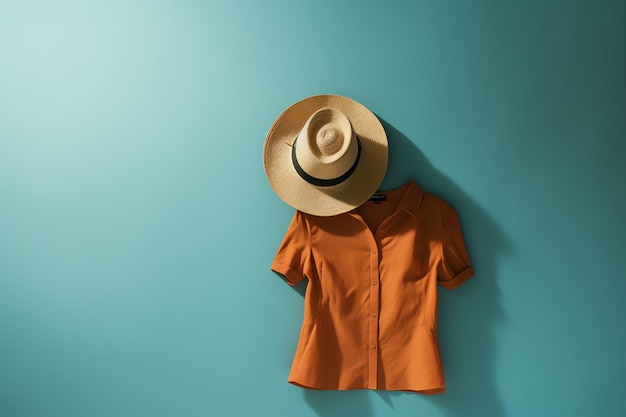 Una camisa naranja y un sombrero colgados en una pared azul.