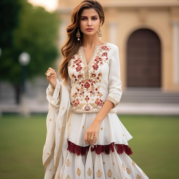 Camisa paquistaní e india de seda cruda bordada con organza