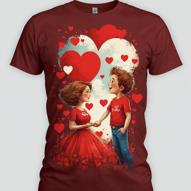 una camisa roja con corazones y un niño y una niña en ella