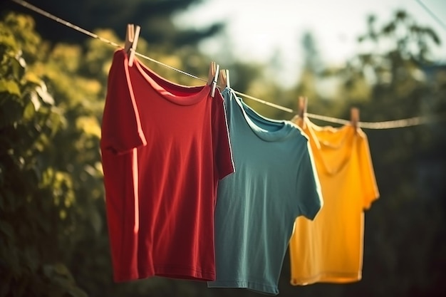 Una camisa roja cuelga de un tendedero con la palabra lavandería.
