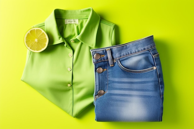 una camisa verde con una rodaja de lima en el frente y una camisa verde en la izquierda.
