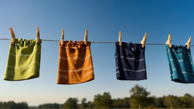 Foto camisas coloridas a secar numa corda de roupa sob um céu azul claro