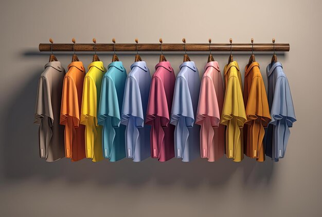 camisas coloridas colgadas en un estante al estilo de interiores realistas