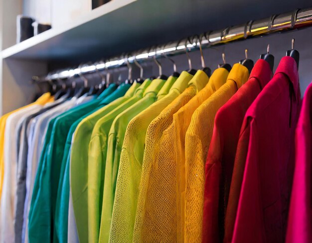 Camisas coloridas en colgadores en el armario Diseño interior del armario