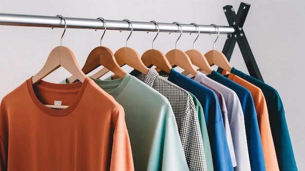 Camisas coloridas em gancho de roupa de madeira pendurado em rack de roupas sobre fundo branco