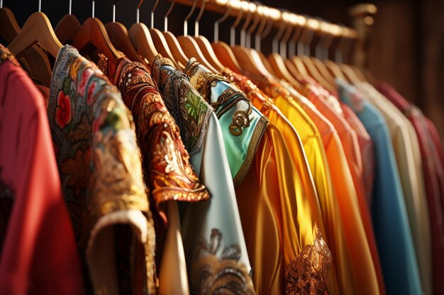 Camisas coloridas penduradas em um rack em uma loja de moda em close-up