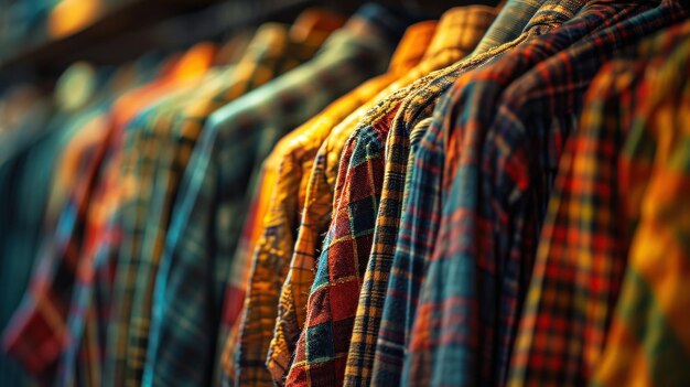 Foto camisas a cuadros coloridas colgando en un estante en una tienda de ropa