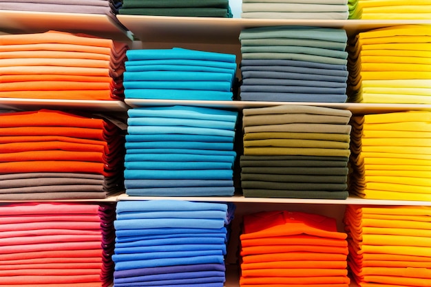 Camisas dobladas y ordenadas por gamas de colores. Lugar de mercado