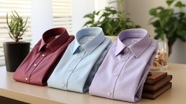 Camisas masculinas elegantes en la mesa en el cuarto de primer plano Ropa elegante