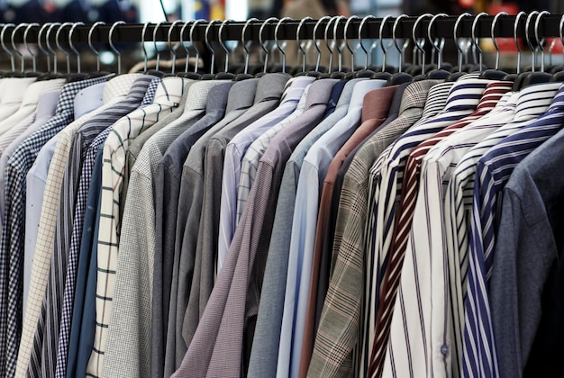 Camisas masculinas em cabides na loja, close-up