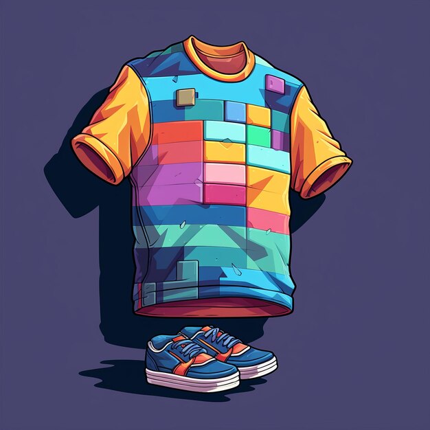 Foto camiseta abstracta de dibujos animados de colores y zapatillas con pixelado y capas