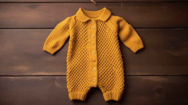 Camiseta amarela de bebé tricotada à mão sobre um fundo de madeira adequada para conceitos de roupas para recém-nascidos
