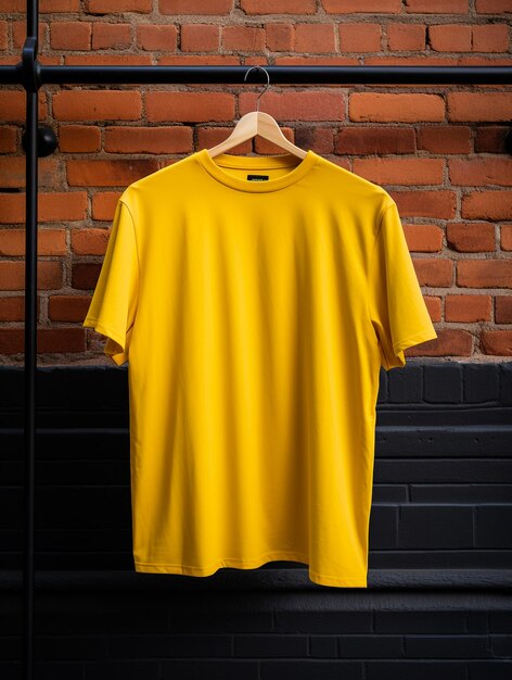 Camiseta amarela em branco contra a parede de tijolos