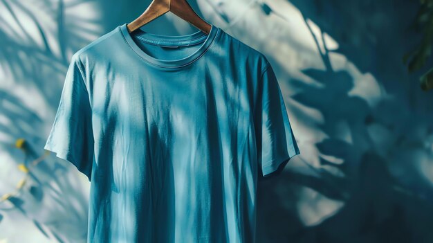 Foto camiseta azul colgada en una percha de madera contra un fondo azul con una sombra de hoja la camiseta está hecha de algodón suave y tiene un ajuste relajado