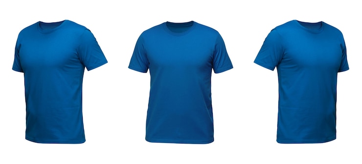 Foto camiseta azul sin mangas. camiseta vista frontal tres posiciones sobre un fondo blanco.
