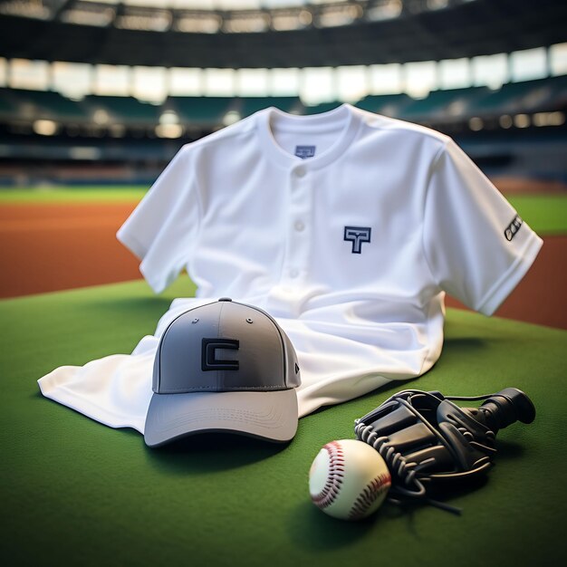 Foto camiseta de béisbol en un campo de béisball con gorra de béisbal y camiseta blanca limpia para sesiones de fotos