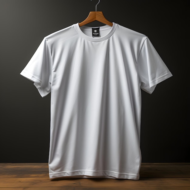 Camiseta blanca en blanco con colgador aislado en fondo de madera Camiseta de manga corta