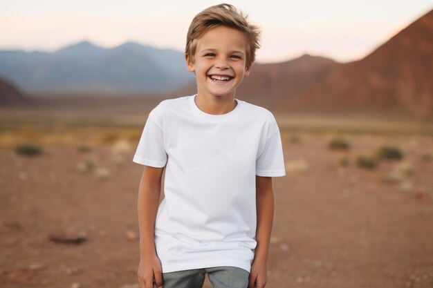 Foto camiseta blanca en blanco en el fondo de las montañas de boy