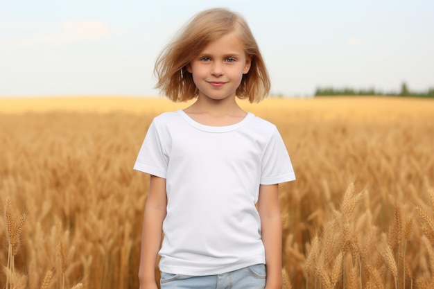 Camiseta blanca en blanco mock up Chica en el campo de espikelets