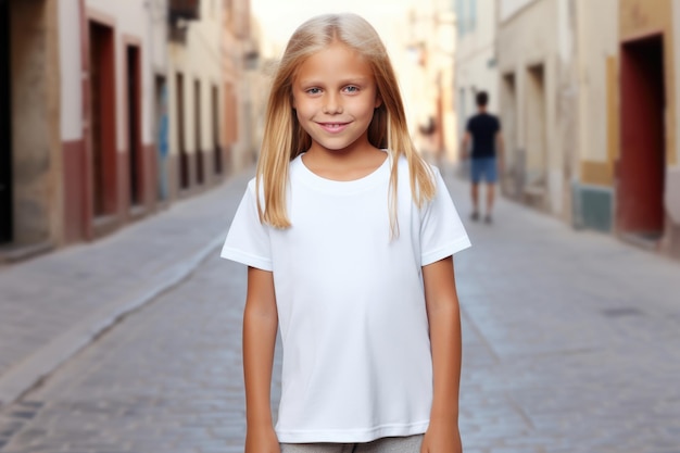 Camiseta blanca en blanco mock up Chica en el fondo de la calle