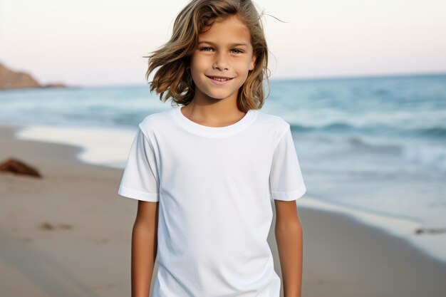 Camiseta blanca en blanco mock up Chico en la playa fondo marino