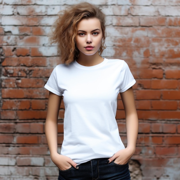 Camiseta blanca en blanco mujer en piedra de ladrillo