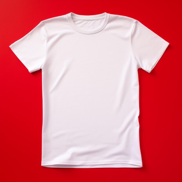 Camiseta blanca en blanco sobre fondo rojo.