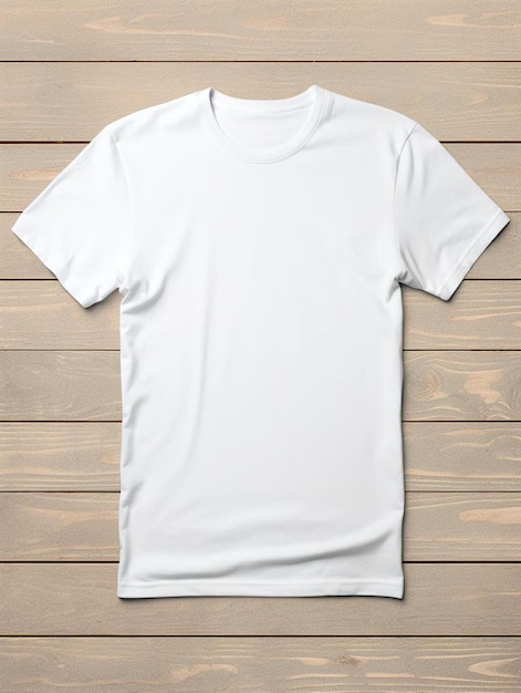 camiseta blanca con camiseta sobre fondo de madera.