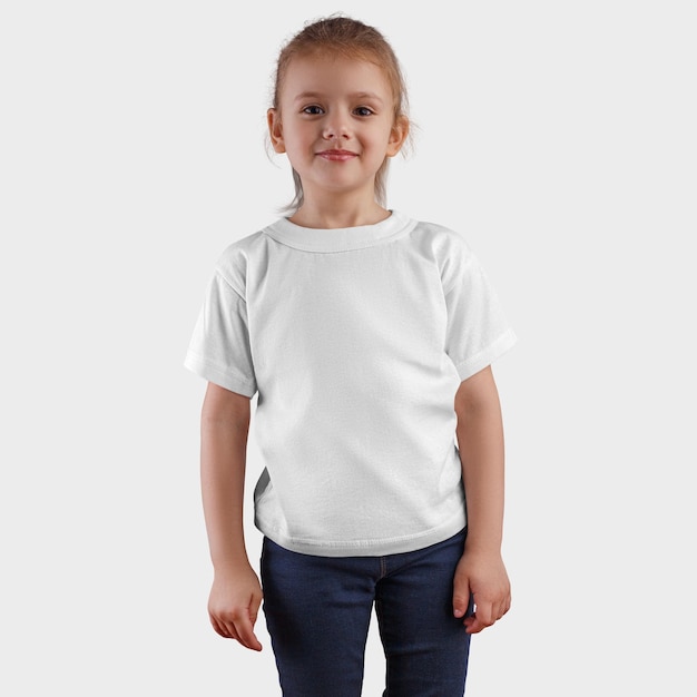 Camiseta blanca en una chica con jeans azules y una mano en la cintura ropa vacía en un niño