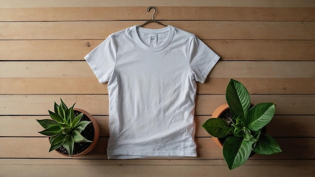 Foto camiseta blanca colgada junto a una planta en maceta en una pared de madera