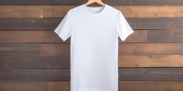 Camiseta blanca colgada en una pared de madera