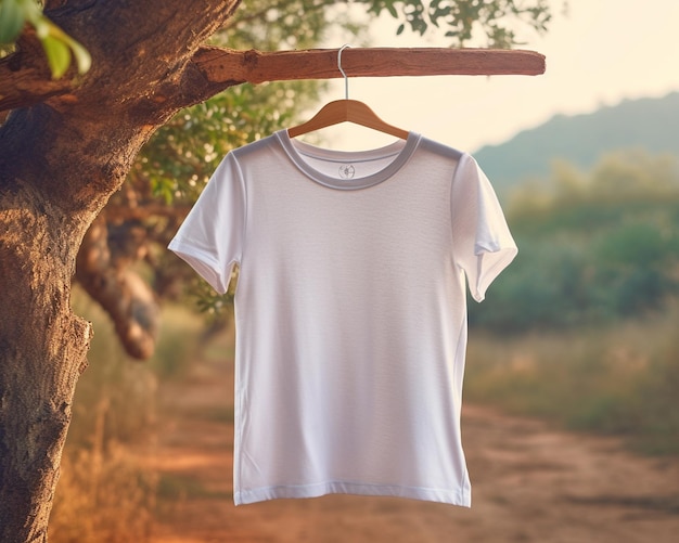 camiseta blanca colgada de una percha de madera con un árbol al fondo.