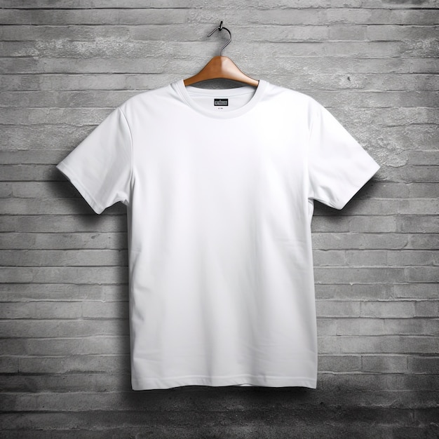 una camiseta blanca cuelga de una pared con un logo negro.